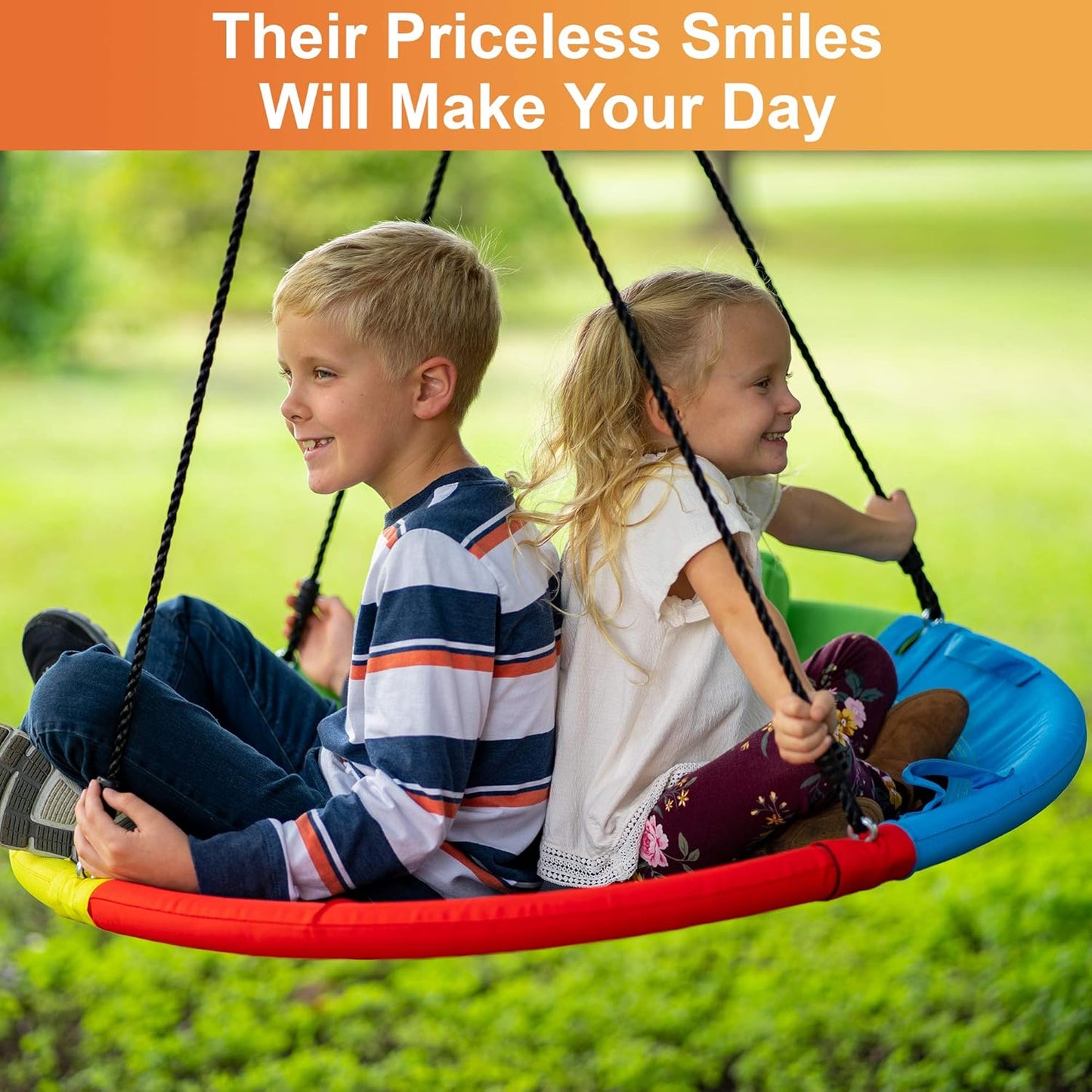 40 Inch 700Lb round Outdoor Tree Swing for Kids - Flying Saucer Swingset - Heavy Duty Disk Swings with Straps, Adjustable Ropes, Handles and Pillow - Large Circle Swing for Children