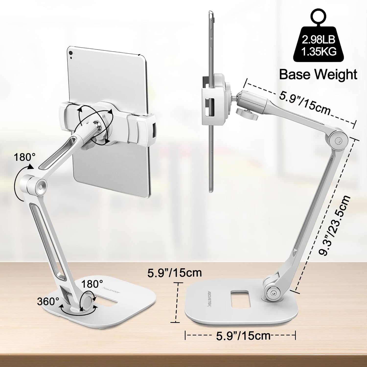 Ipad Stand Holder, Multi-Angle Adjustable Tablet Stand, 360° Swivel Ipad Stand Aluminum Desk Mount Fits 4”-11"(Diagonal) Ipad/Mini/Air/Pro for Business Kiosk Office – White