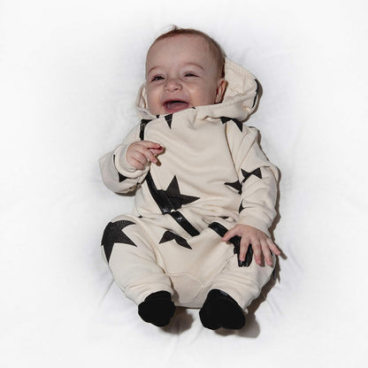 UNISEX BABY COTTON COVERALL - ASYMMETRICAL ZIP STAR HOODED OVERALL (0-6 MONTHS, BLACK - STARS)