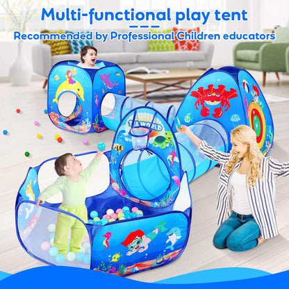 5Pc Kids Play Tent for Toddler with 1 Baby Ball Pits, 2 Baby Crawl Tunnels, 2 Pop up Tents, Indoor Outdoor Playhouse Toys for Boys/Girls (5PC Ocean Kids Playset)