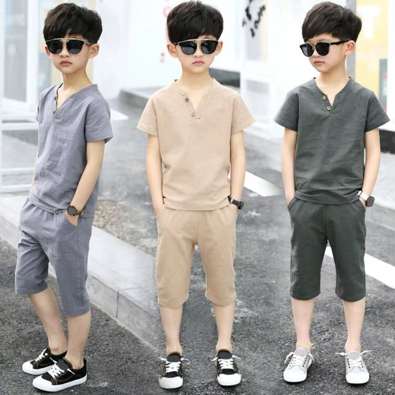 Kids Baby Boys Outfit Suit Cotton Linen Children Clothes Set Toddler Solid Casual Tshirt Tops Shorts Pants 2Pcs Set Summer