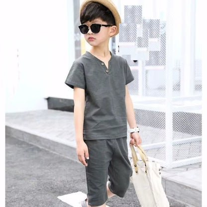 Kids Baby Boys Outfit Suit Cotton Linen Children Clothes Set Toddler Solid Casual Tshirt Tops Shorts Pants 2Pcs Set Summer