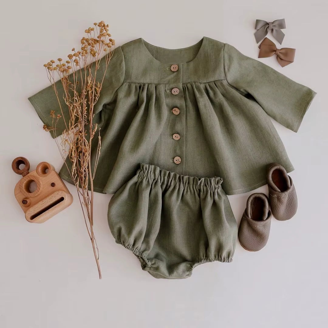 One Set Spring Baby Girls Dresses Long Sleeve Outfits Kids Wears Cotton Linen Autumn Tops+Shorts Pants Suit Children Clothes