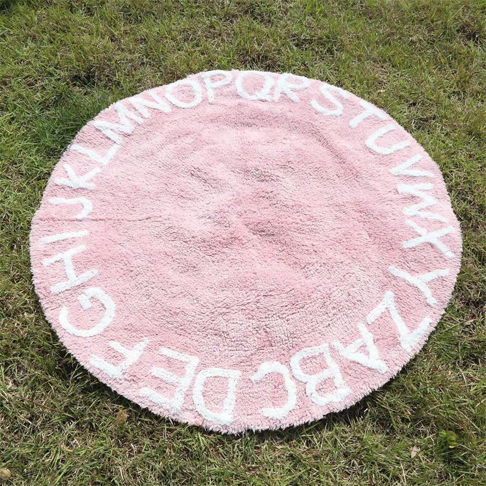 ABC Nursery Rugs round Kids Rug Circle Alphabet Rug Kids Play Mat for Infants Boys Girls Soft Cotton Carpet Educational Area Rug 47Inch (Pink)