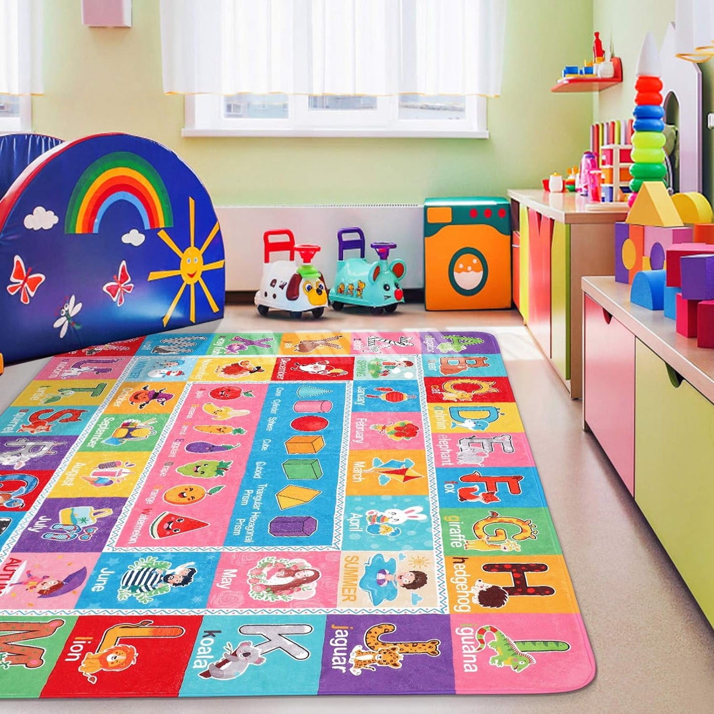 Kids Play Rug Mat Playmat with Colorful Pattern, Playtime Collection ABC Alphabet, Seasons, Months, Fruit and Shapes Educational Area Rug for Kids Playroom Bedrooms, 78.7 X 59 Inch