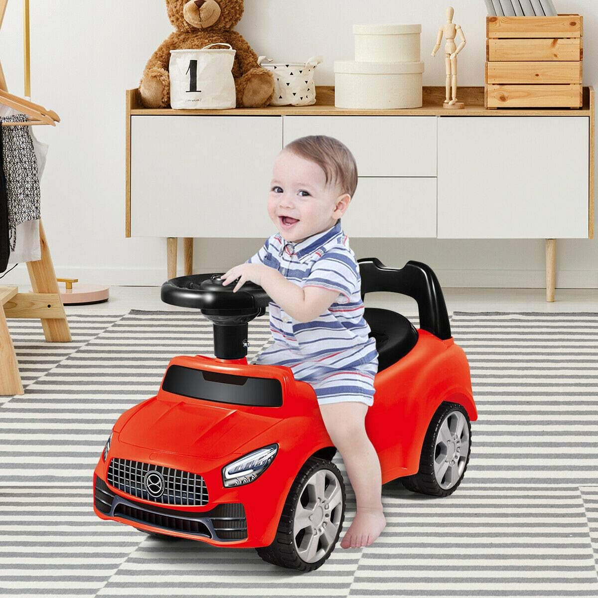 Kids Push and Ride Racer, 3-In-1 Ride on Push Car W/Steering Wheels, Horn, Music, under Seat Storage, Foot-To-Floor Sliding Car Pushing Cart for Toddler, Gift Toy for Boys & Girls(Red)