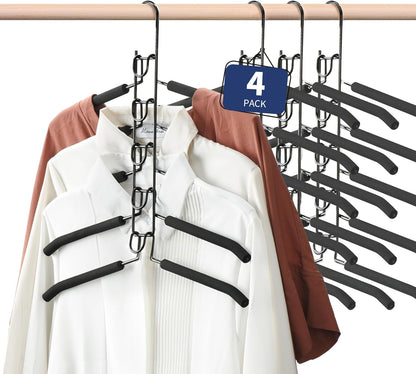 Space Saving Hangers 4 Pack, Durable Closet Organizers and Storage, Multi Layer Clothes Hangers, Premium Magic Hanger, Non-Slip Coat Hangers, Slim Wardrobe Closet Organizer Hanger Black