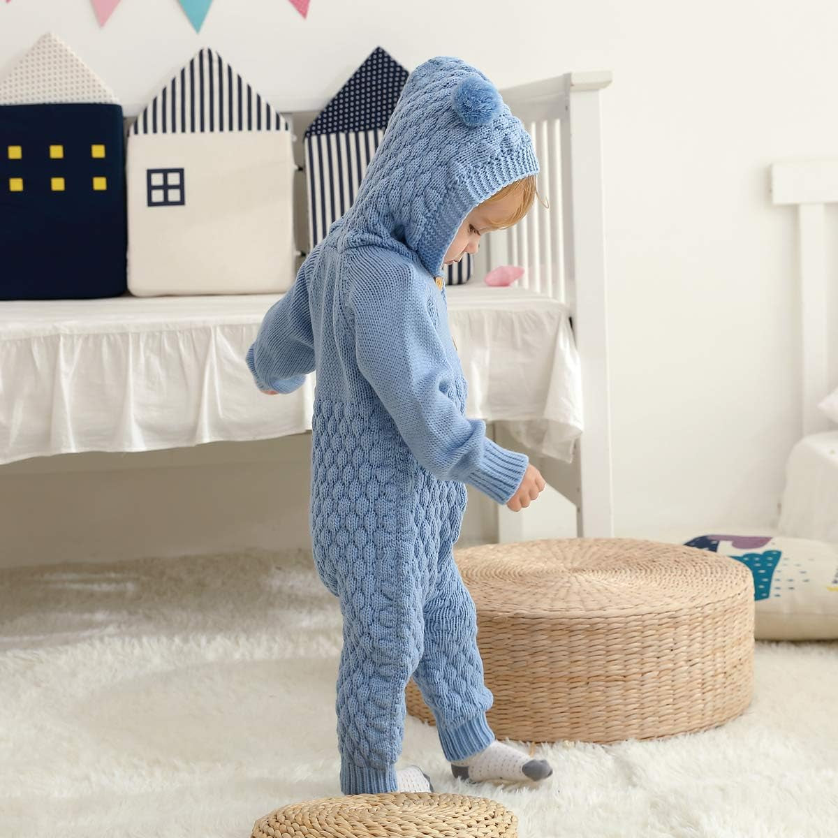 Newborn Baby Hooded Knitted Sweater Romper Fleece Lining Bodysuit Winter Snowsuit for Boy Girl