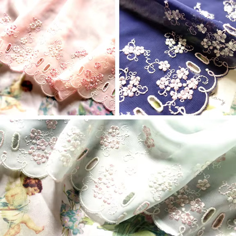 5Meter/Lot DIY Handmade Small Cherry Blossom Embroidery Lace Trim 17Cm Chiffon Fabric Skirt Children Clothes Accessories