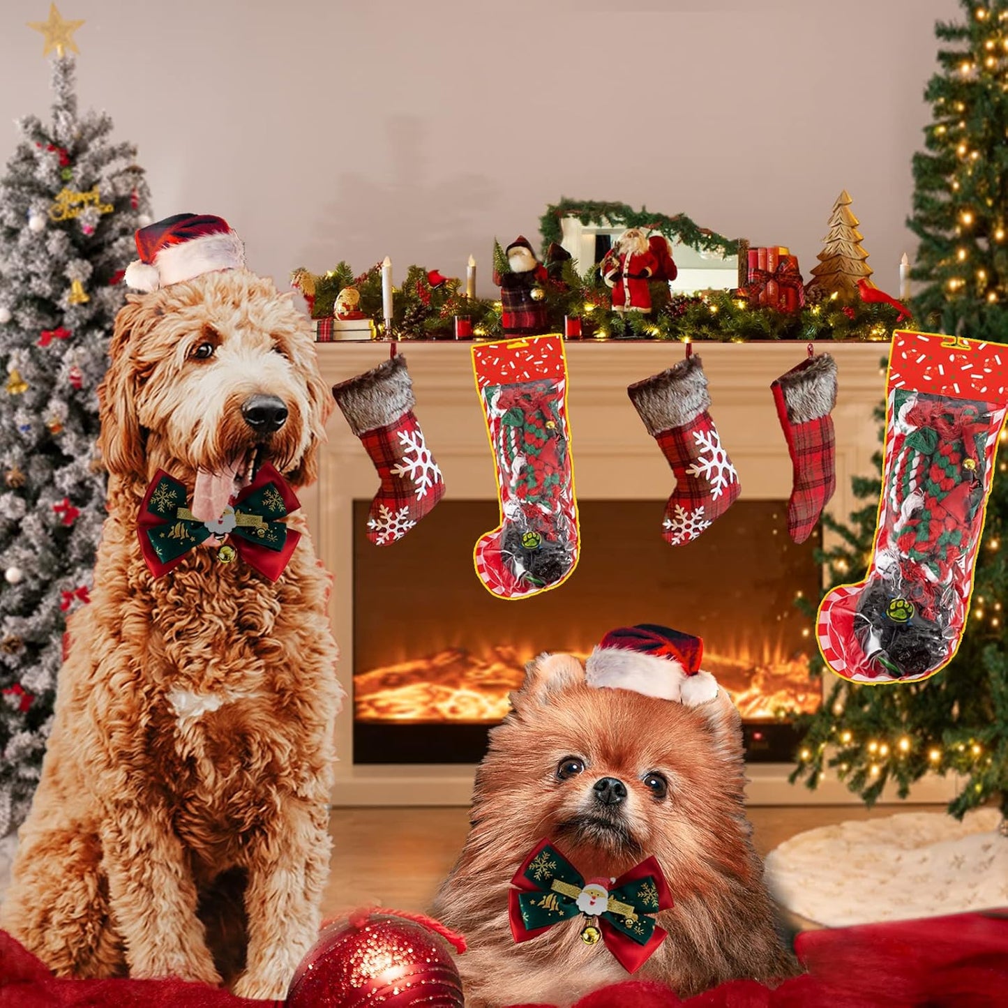 Dog Christmas Stocking Toys with 1 Squeaky Dog Toy, 2 Kinds of Clothing (Christmas Hat, Bow Tie) and 3 Dog Chew Rope