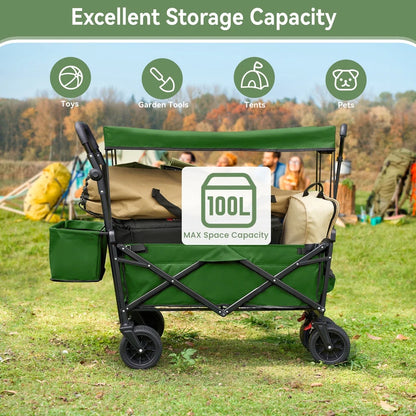 Collapsible Beach Wagon Cart with Removable Canopy,  Foldable Wagon Utility Carts with Fat Wheels and Rear Storage, for Garden Camping Grocery Shopping Cart,Green