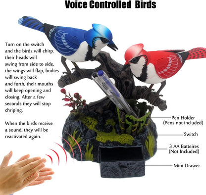 Simulation Electric Birds Toys Voice Controlled Electronic Animal Pets Realistic Pen Holders Office Home Decor Ornament Kids Birthday Gifts (Blue)