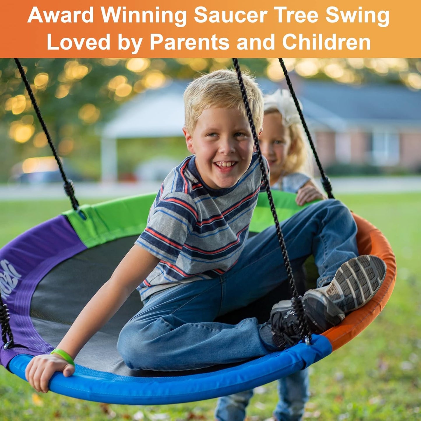 40 Inch 700Lb round Outdoor Tree Swing for Kids - Flying Saucer Swingset - Heavy Duty Disk Swings with Straps, Adjustable Ropes, Handles and Pillow - Large Circle Swing for Children