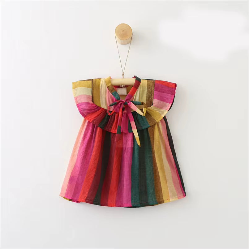 Toddler Baby Girls Summer Clothing Sleeveless Rainbow Stripe Tops Ruffles Collar Bow Design Blouse Children Clothes 2-7Yrs