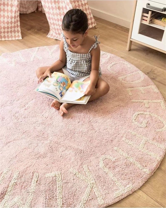 ABC Nursery Rugs round Kids Rug Circle Alphabet Rug Kids Play Mat for Infants Boys Girls Soft Cotton Carpet Educational Area Rug 47Inch (Pink)