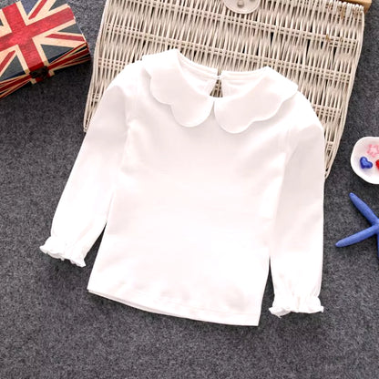 2024 Fall Girls T-Shirts Long Sleeve White T Shirt for Girl Peter Pan Collar Infant Baby Toddler Girl Shirts Kids Clothes JW6664