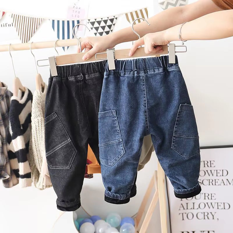 Girls Boys Jeans Velvet Warm Denim Pants Baby Kids Pockets Long Pant Trousers Children Clothes