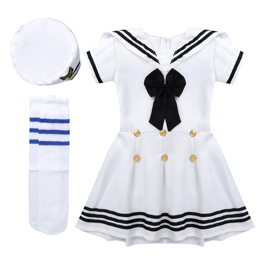 Kids Girls Navy Sailor Uniform Cosplay Costume Children School Chorus Stage Performance Dancewear Outfit Dress + Hat + Socks Set