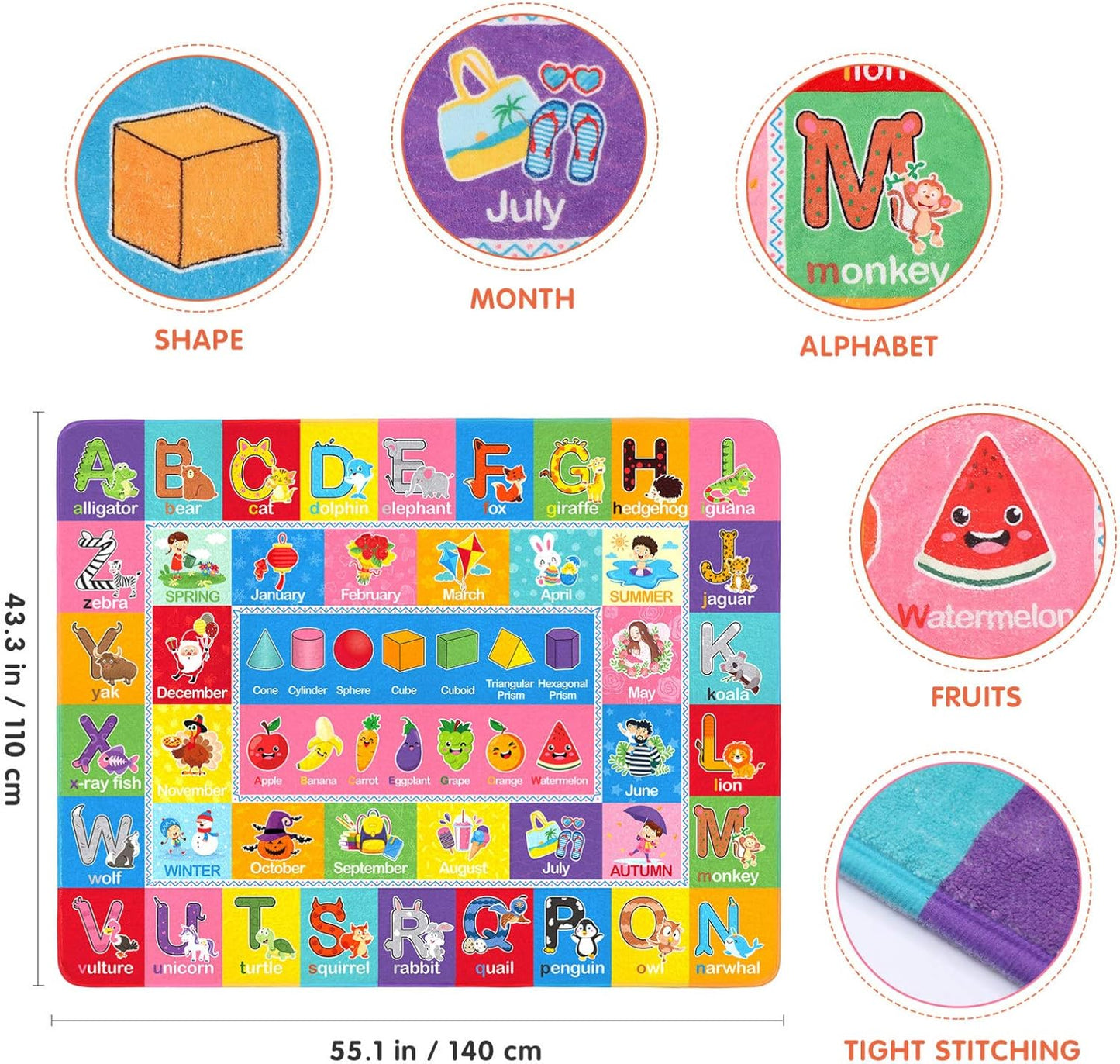 Baby Carpet Baby Playmat Educational Area Rug Kids Alphabets ABC, Words and Shapes Learning Area Rug Carpet Kids Play Rug for Bedroom Playroom, 55.1X43.3 in Baby Floor Mats Washable Kids Rug