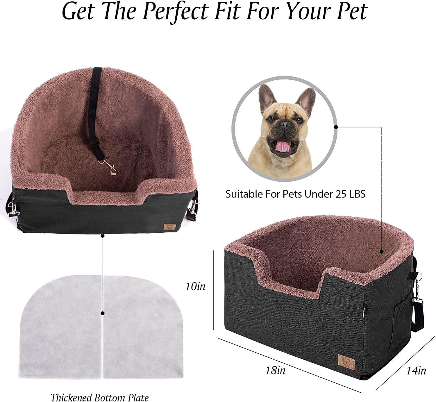 Dog Car Seat, Dog Booster Seat for Car Front Seat, Elevated Pet Bed for Cars, Trucks, and Suvs - Supports Pets up to 25 Lb, with Clip-On Leash and Storage Package