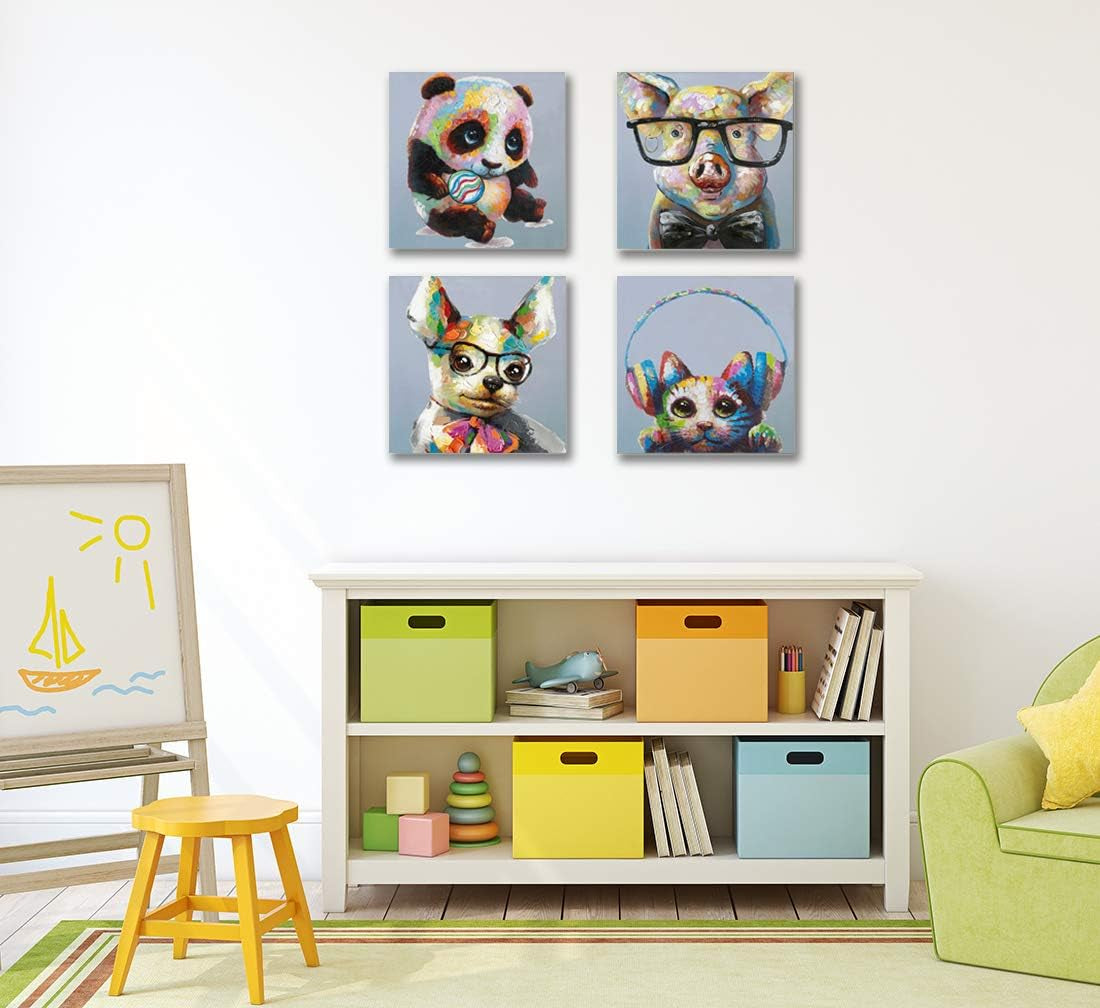 Animals Wall Art Canvas Picture Smart Pig Puppy Cute Panda Print Painting for Baby Children Kids Bedroom Decor, Framed 16X16 Inches