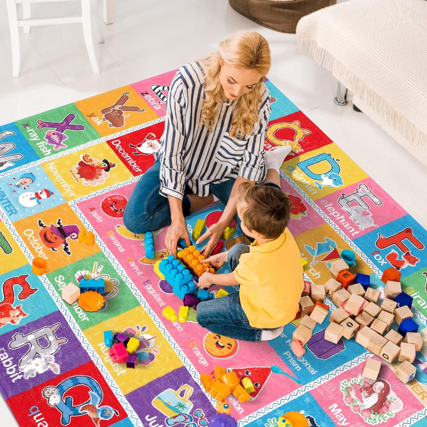 Kids Play Rug Mat Playmat with Colorful Pattern, Playtime Collection ABC Alphabet, Seasons, Months, Fruit and Shapes Educational Area Rug for Kids Playroom Bedrooms, 78.7 X 59 Inch