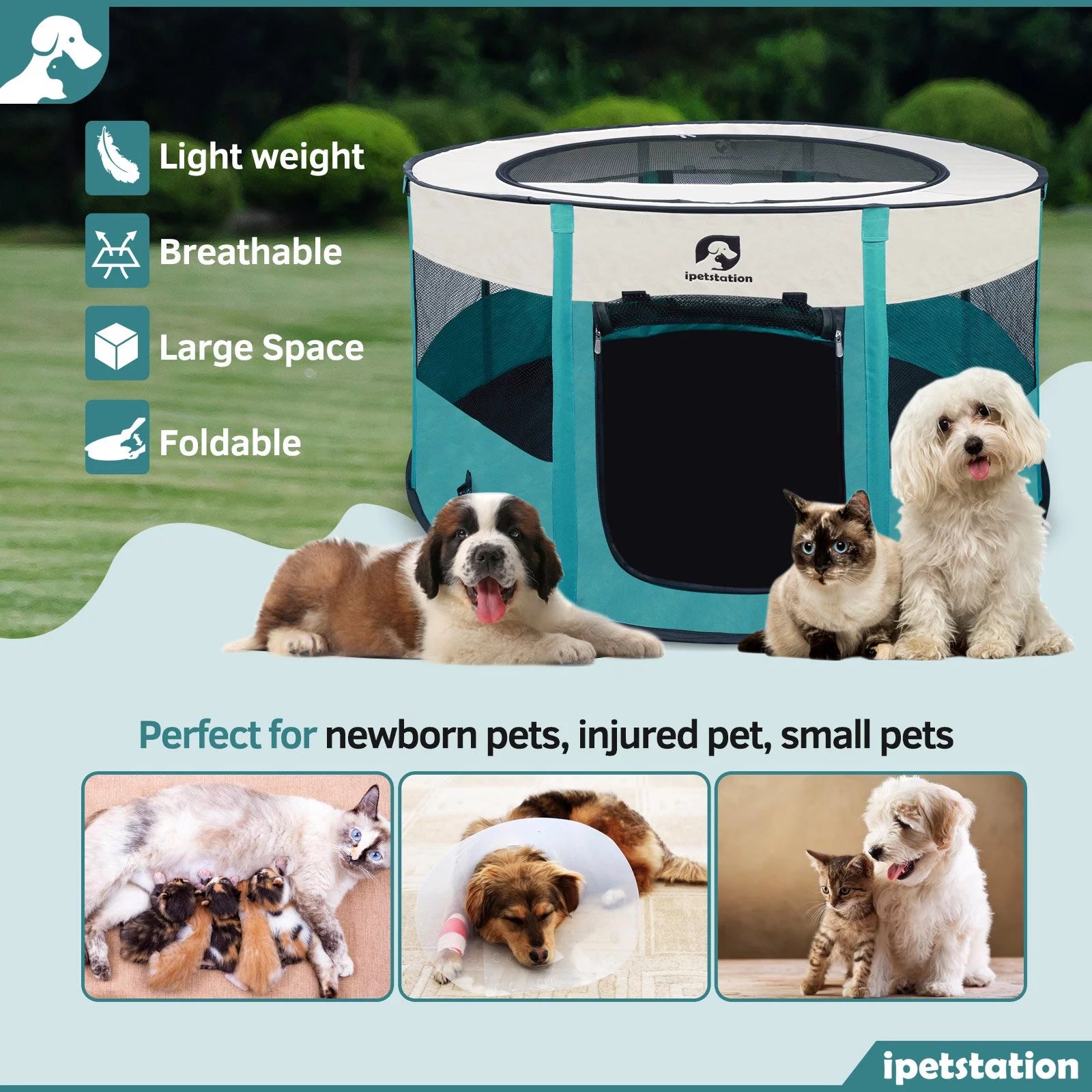 Dog Playpen, Puppy Pet Cat Playpen Indoor for Small Dogs, Dog Tent Crates Cage Indoor/Outdoor, Dog Kennel Playpen with Carrying Case for Dogs/Cats/Rabbits,2 Doors & Zipper Top