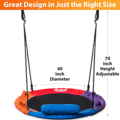 40 Inch 700Lb round Outdoor Tree Swing for Kids - Flying Saucer Swingset - Heavy Duty Disk Swings with Straps, Adjustable Ropes, Handles and Pillow - Large Circle Swing for Children