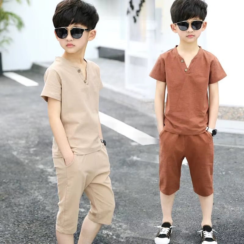 Kids Baby Boys Outfit Suit Cotton Linen Children Clothes Set Toddler Solid Casual Tshirt Tops Shorts Pants 2Pcs Set Summer