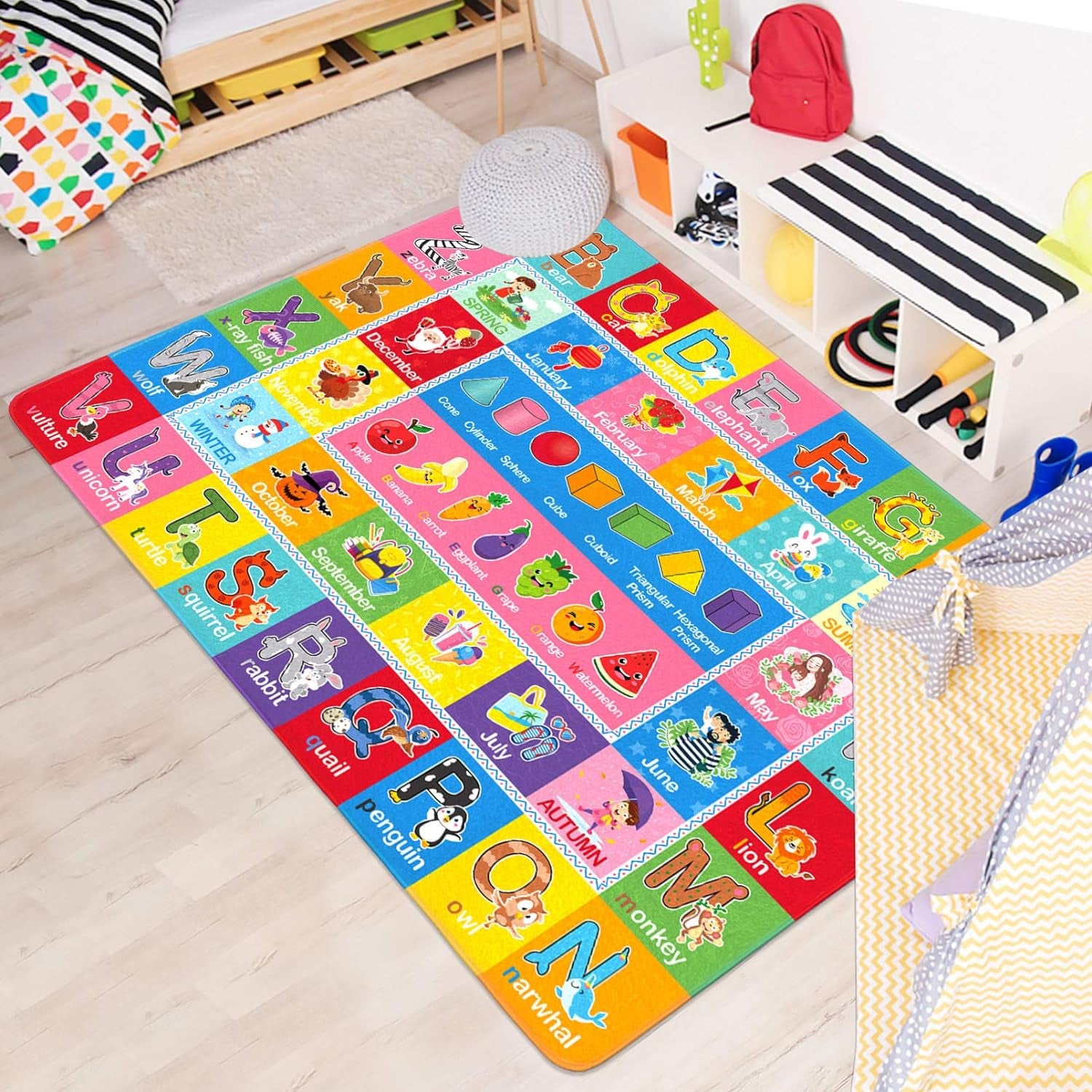 Baby Carpet Baby Playmat Educational Area Rug Kids Alphabets ABC, Words and Shapes Learning Area Rug Carpet Kids Play Rug for Bedroom Playroom, 55.1X43.3 in Baby Floor Mats Washable Kids Rug