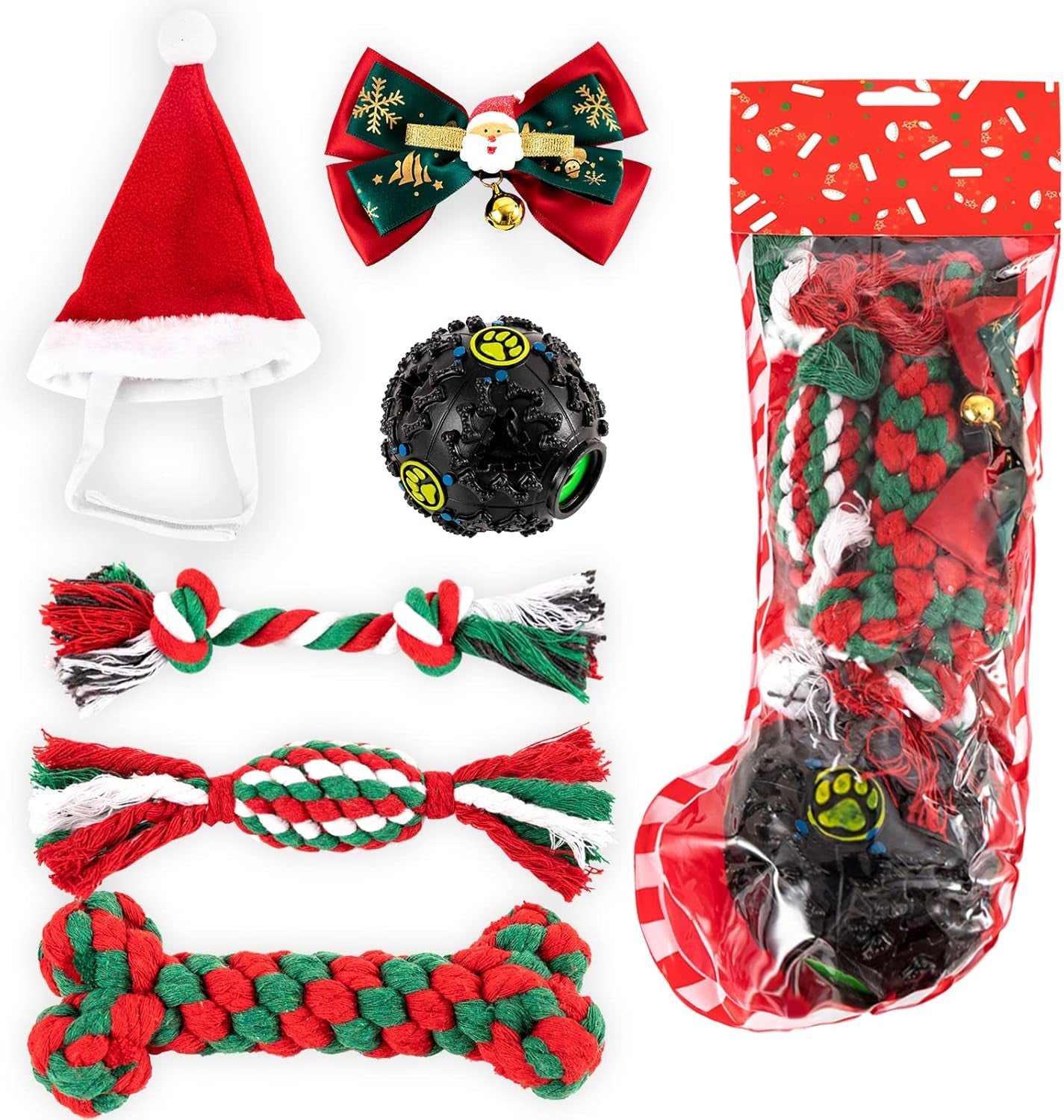 Dog Christmas Stocking Toys with 1 Squeaky Dog Toy, 2 Kinds of Clothing (Christmas Hat, Bow Tie) and 3 Dog Chew Rope