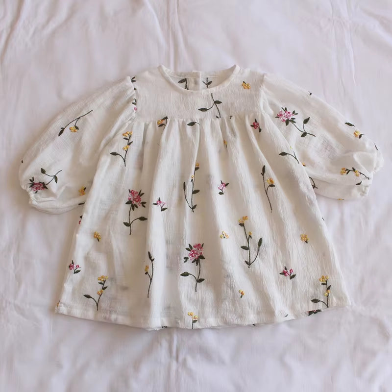 Toddlers Kids Princess Dresses Embroidery Floral Puff Sleeve Baby Girls Loose Cotton Dress 2024 Spring Children Clothes