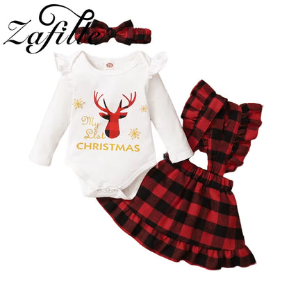 My First Christmas Costume for Baby Girl Clothes Set Red Plaid Suspender Dress Party New Year Clothes for Babies