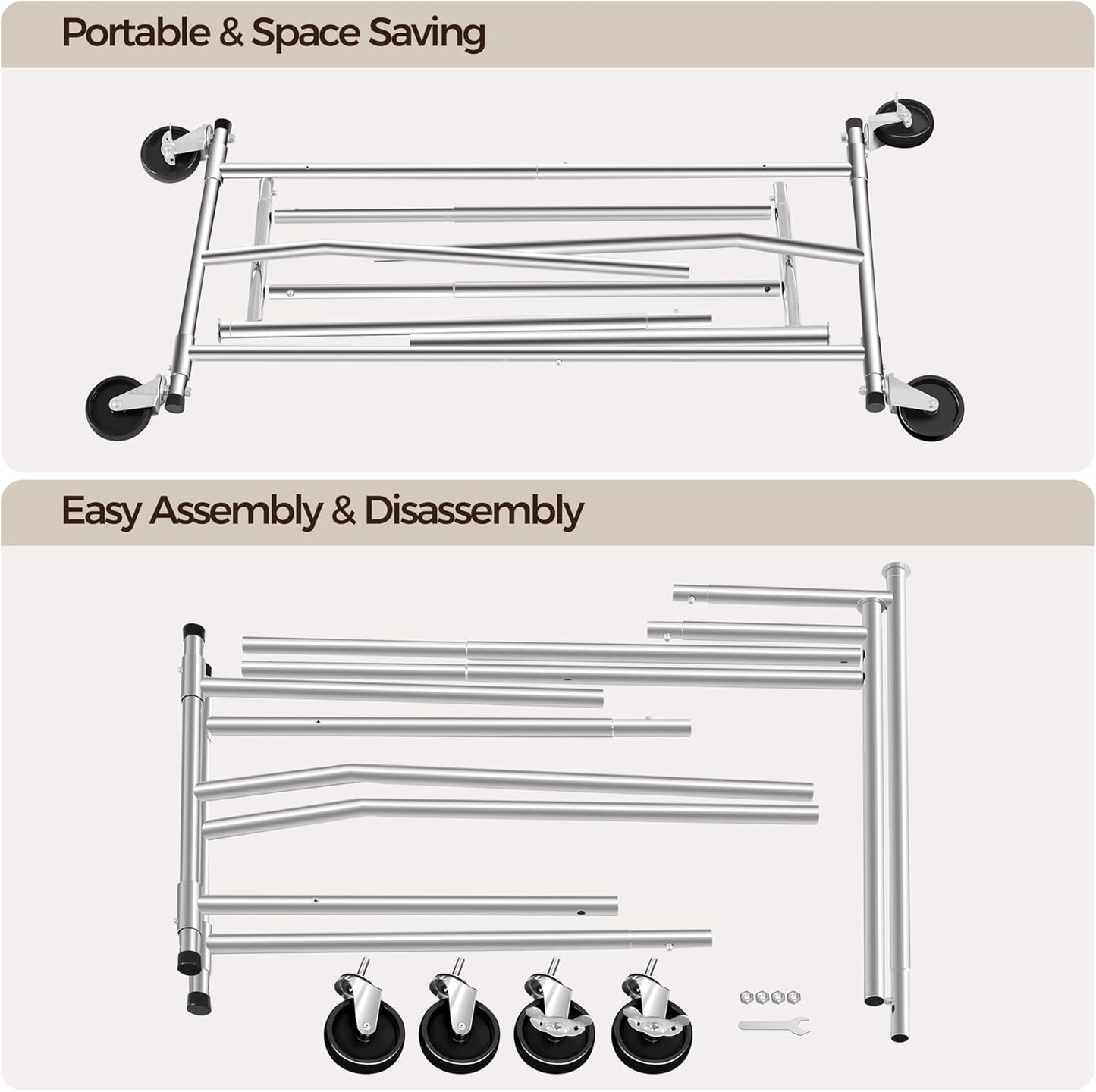 Commercial Clothing Garment Racks on Wheels, Grade Single Rod Adjustable Height Clothes Rack on Wheels for Hanging Clothes, Heavy Duty Upright Clothes Rack with Wheels, Silver