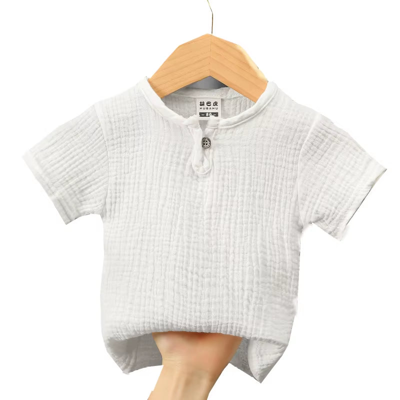 Children T Shirts Fashion Linen Pleated Boys T Shirt Children T-Shirt 2025 Summer Baby Boys Girls T-Shirt Children Clothes Kids