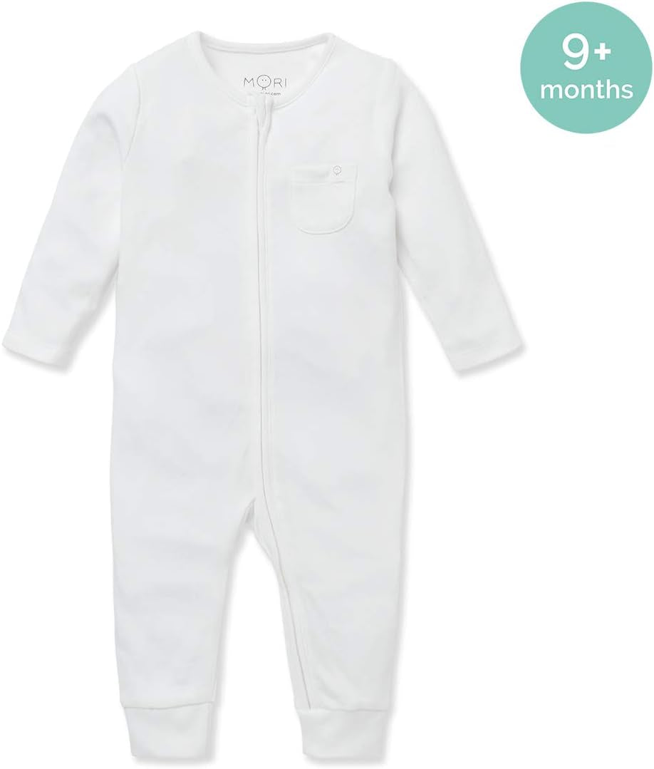 Unisex Zip up Baby Pajamas in White for Boys and Girls - Footed Sleepwear with Pocket and Protective Mitts - 3-6 Months