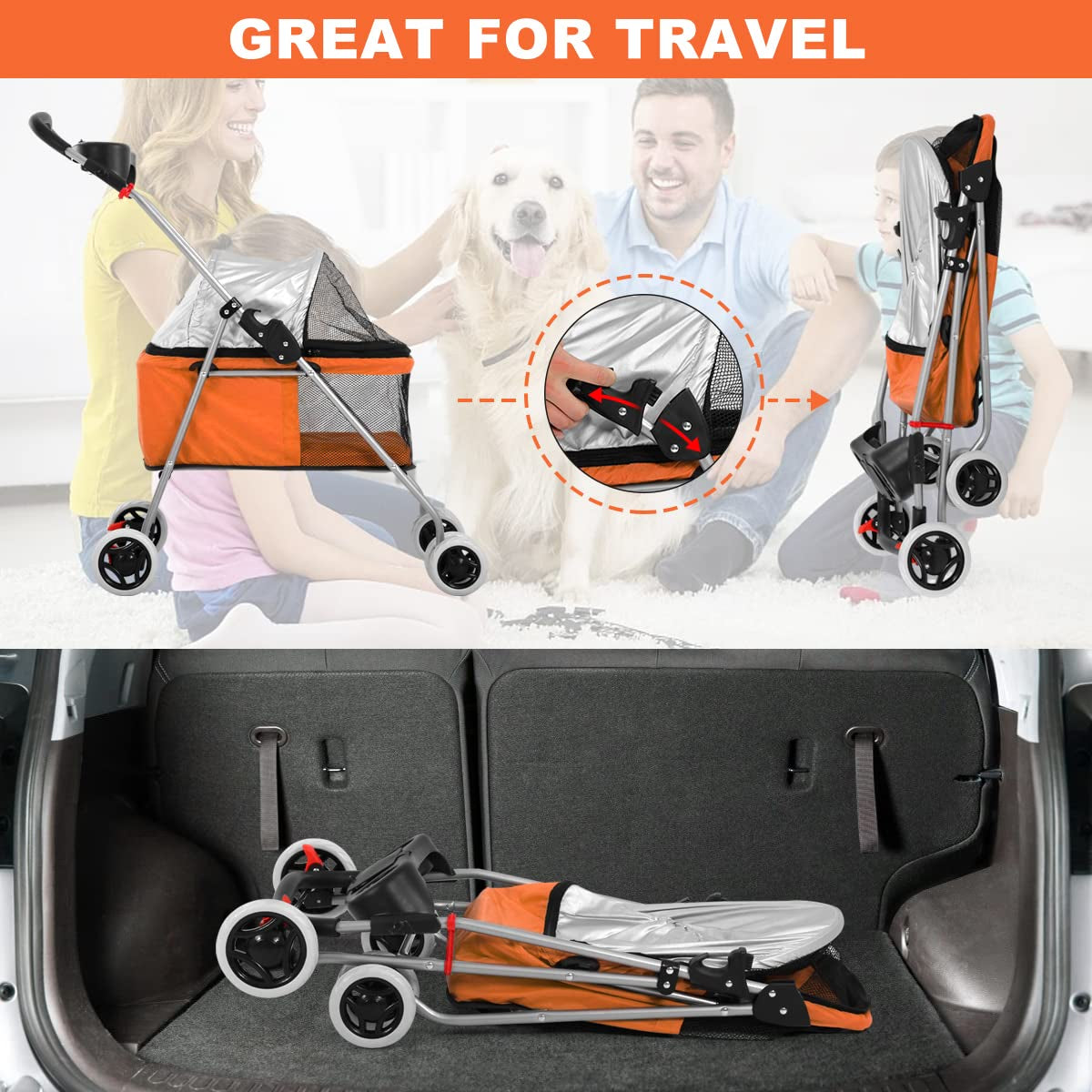 Dog Stroller Pet Stroller 4 Wheels Traveling Folding Lightweight Pet Carrier for 2 Medium Small Dogs & Cats Portable Strolling Jogger Trolley with Cup Holders and PVC Wheel Brake, Orange