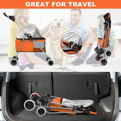 Dog Stroller Pet Stroller 4 Wheels Traveling Folding Lightweight Pet Carrier for 2 Medium Small Dogs & Cats Portable Strolling Jogger Trolley with Cup Holders and PVC Wheel Brake, Orange