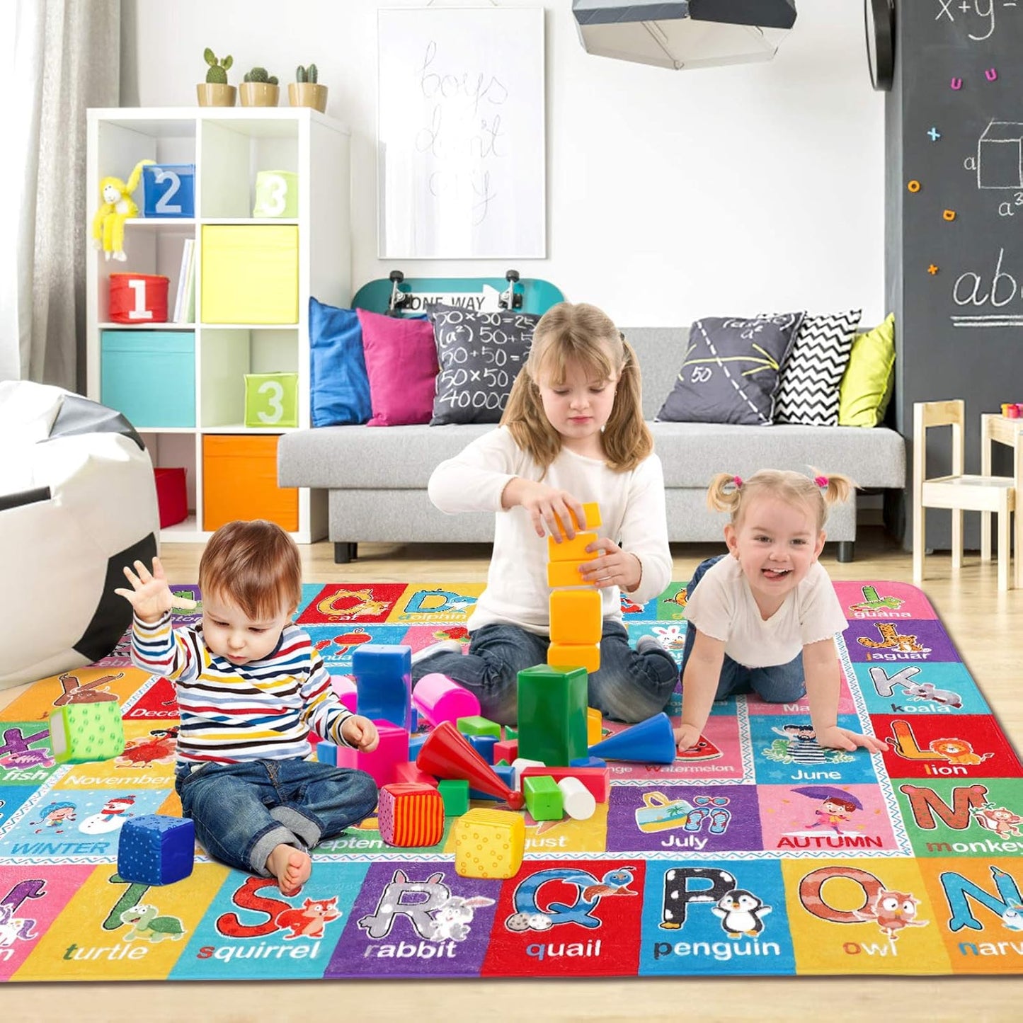 Baby Carpet Baby Playmat Educational Area Rug Kids Alphabets ABC, Words and Shapes Learning Area Rug Carpet Kids Play Rug for Bedroom Playroom, 55.1X43.3 in Baby Floor Mats Washable Kids Rug