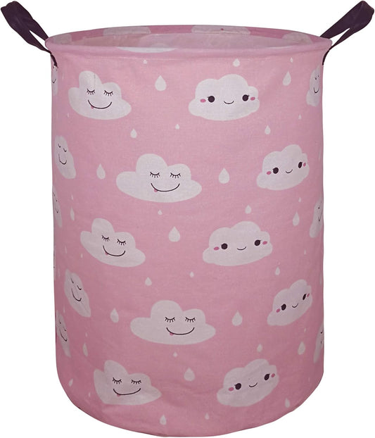 19.7 Inches Large Laundry Basket Waterproof round Cotton Linen Collapsible Storage Bin with Handles for Hamper Kids Room,Toy Storage(Pink Clouds)