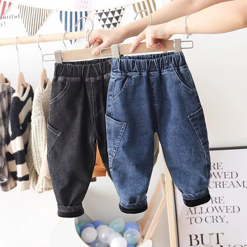 Girls Boys Jeans Velvet Warm Denim Pants Baby Kids Pockets Long Pant Trousers Children Clothes