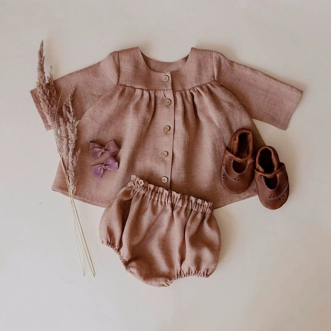 One Set Spring Baby Girls Dresses Long Sleeve Outfits Kids Wears Cotton Linen Autumn Tops+Shorts Pants Suit Children Clothes