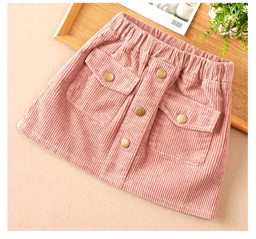 Fashion Kids Skirt School Girls Corduroy Skirt Button Design Pockets Korean Kids Clothes Teenager Children'S Clothes Girl Skirts