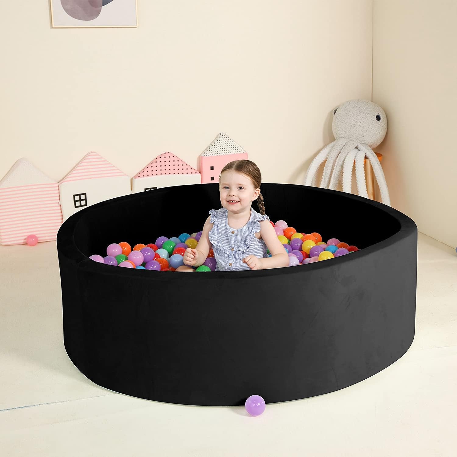 Extra Large Foam Ball Pit for Toddlers, 47X14 Inch Soft Baby Ball Pit with Washable Velvet Cover (Balls Not Included)- Black