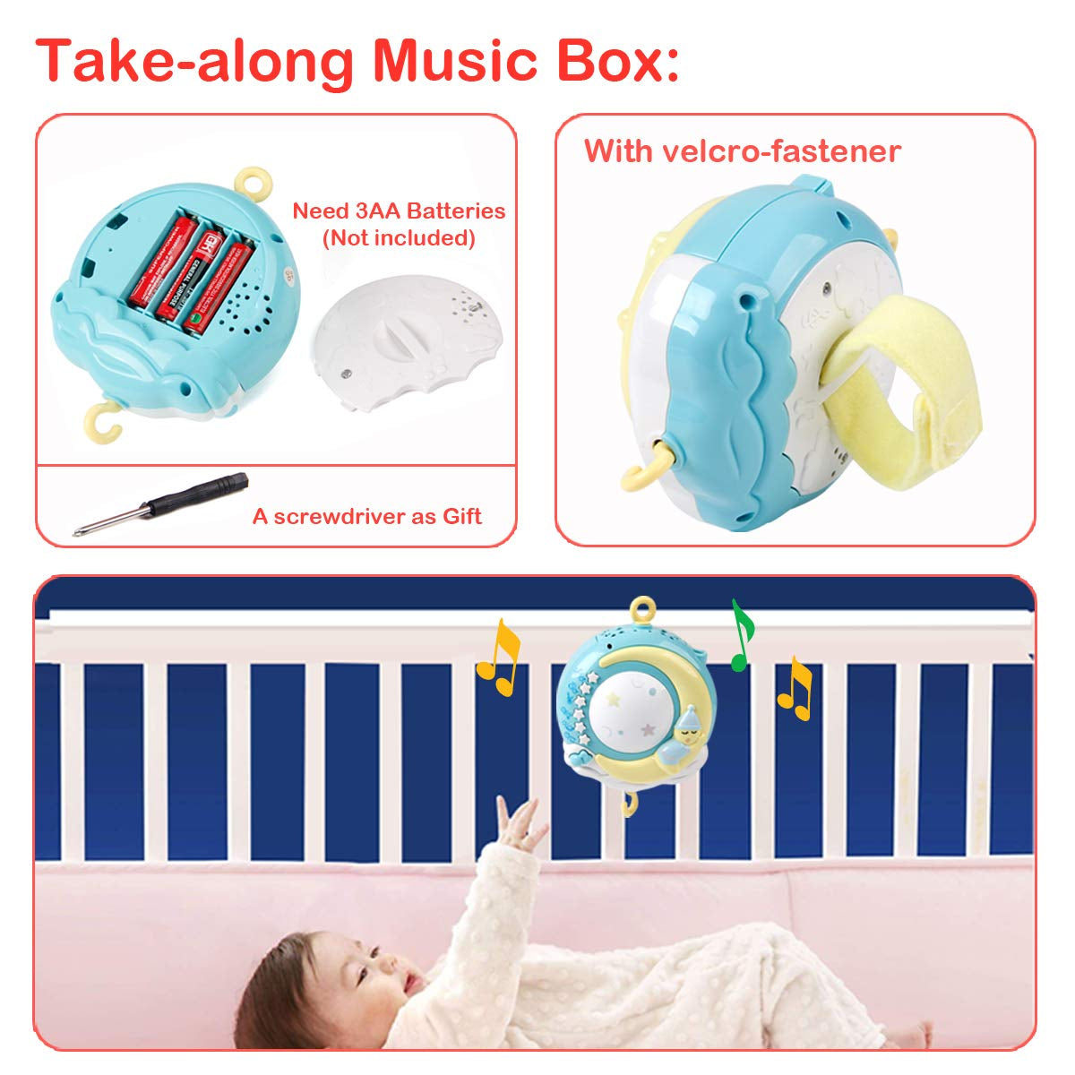 Baby Musical Mobile Crib with Music and Lights, Timing Function, Projection, Take-Along Rattle and Music Box for Babies Boy Girl Toddler Sleep