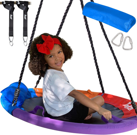 40 Inch 700Lb round Outdoor Tree Swing for Kids - Flying Saucer Swingset - Heavy Duty Disk Swings with Straps, Adjustable Ropes, Handles and Pillow - Large Circle Swing for Children