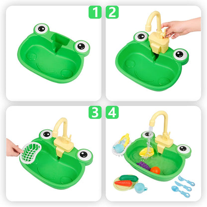 Play Kitchen Sink Toy, Water Toys for Kids with Electronic Dishwasher, Pretend Play Utensils Accessories and Play Cutting Food for Boys and Girls (Cute Frog)