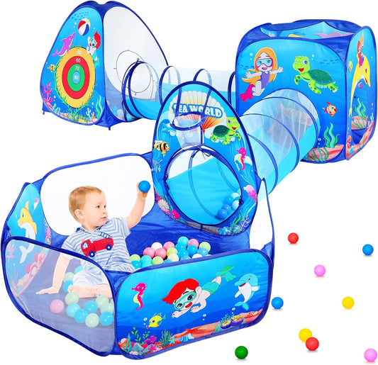 5Pc Kids Play Tent for Toddler with 1 Baby Ball Pits, 2 Baby Crawl Tunnels, 2 Pop up Tents, Indoor Outdoor Playhouse Toys for Boys/Girls (5PC Ocean Kids Playset)