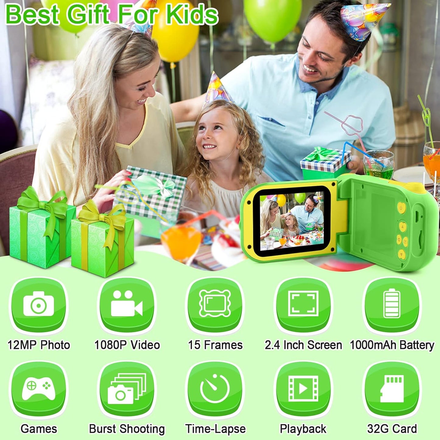 Children Video Camera - Kids Digital Camera Toddler Toy Camcorder Birthday Gifts for Boys and Girls Age 3 4 5 6 7 8 9, 12MP Kids Video Recorder with 32GB SD Card - Green