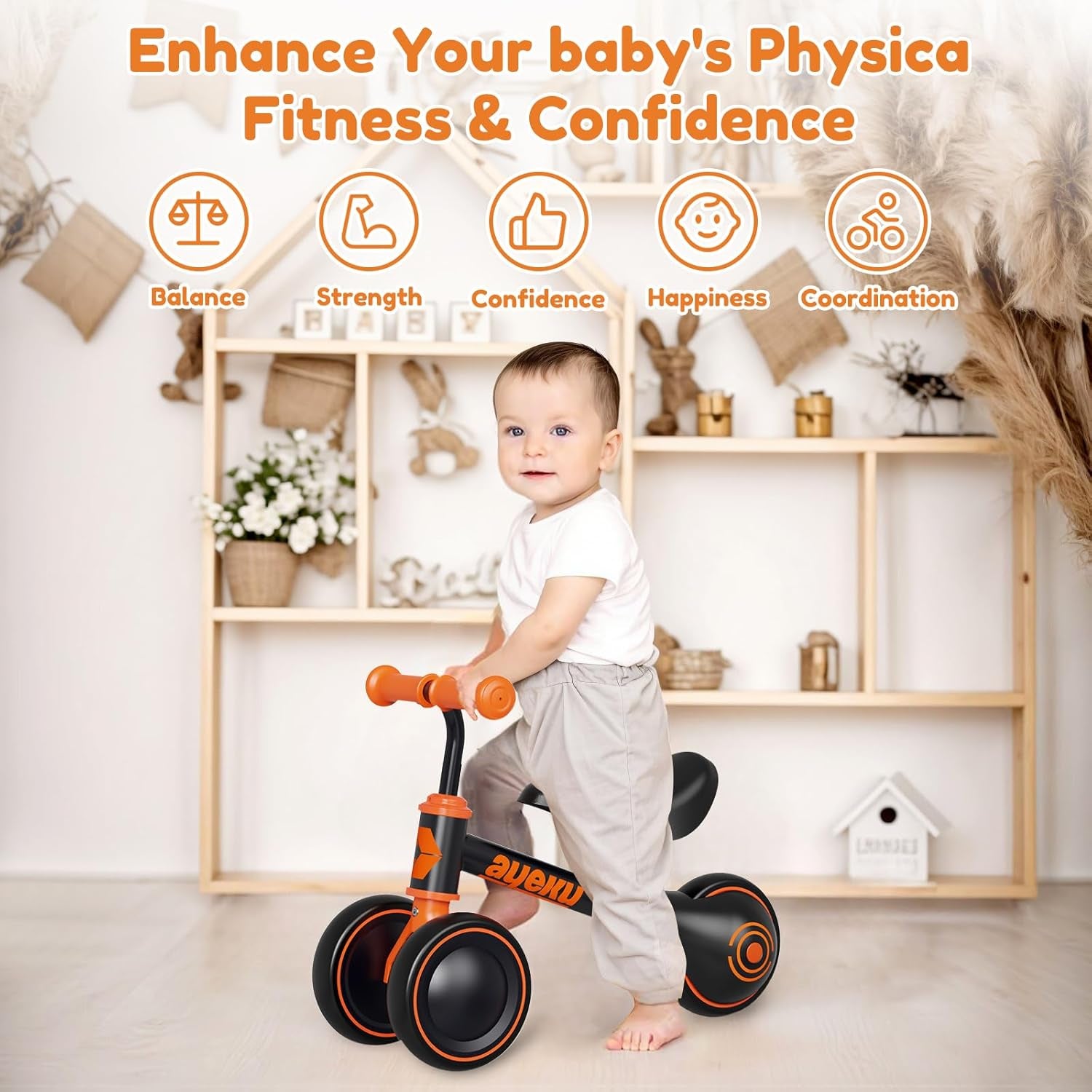 Baby Balance Bike for 1 Year Old Boy Gifts Toddler Bike for One Year Old Toys 1 St First Birthday Gifts Baby Toys 12-24 Months, Orange Black